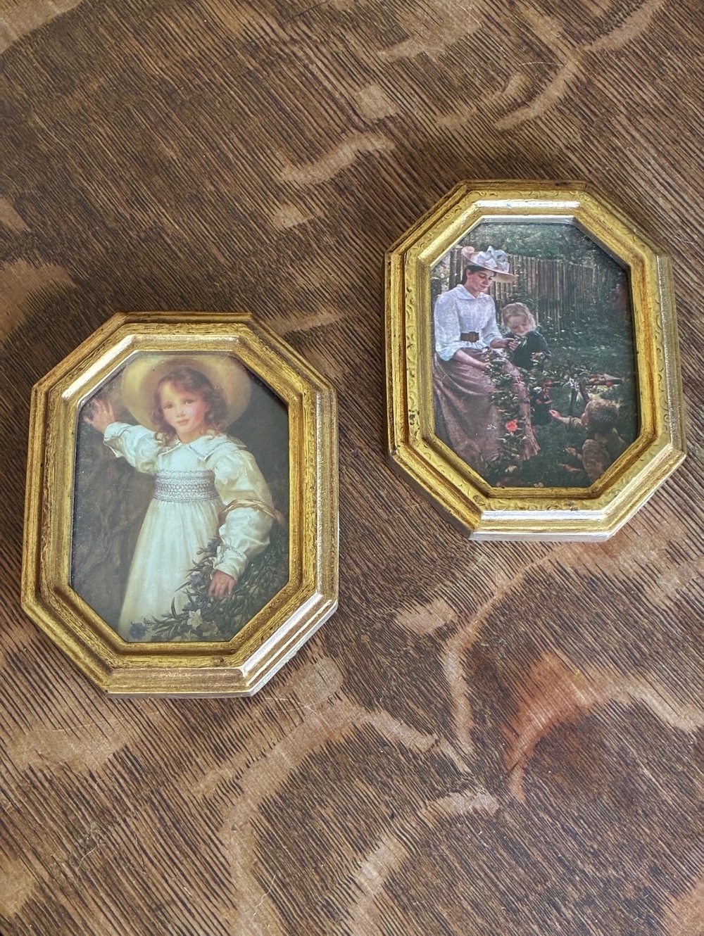 Pair of Vintage Octagonal Gold Picture Frames with Classic Portrait Prints
